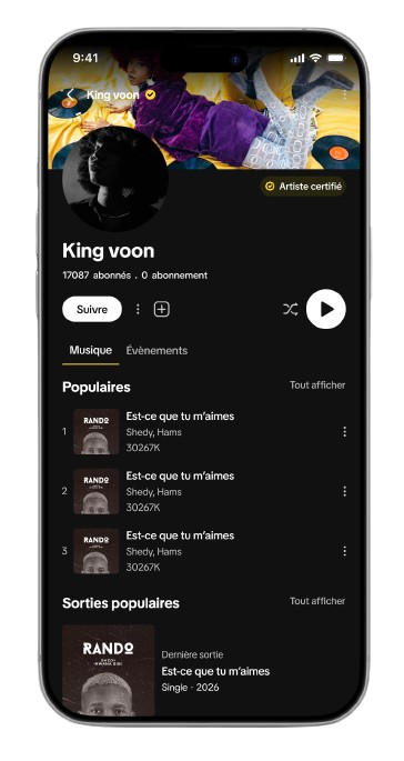 Application Muss Ndule affichant la découverte musicale
